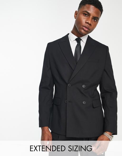 Slim Solid Black Wool-blend Double Breasted Suit Jacket