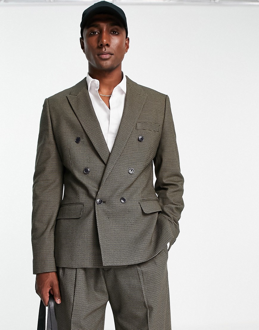 ASOS DESIGN skinny double breasted suit jacket in khaki green texture