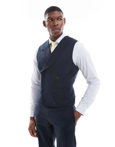 ASOS DESIGN skinny double breasted suit vest with wool in blue barley weave - view 1