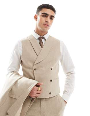 Asos Design Skinny Double Breasted Suit Vest With Wool In Camel Barley Weave-neutral