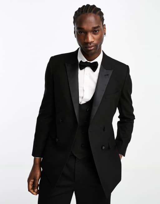 ASOS DESIGN skinny double breasted tuxedo suit jacket in black | ASOS