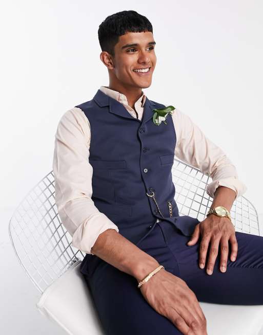 ASOS Design Wedding Skinny Blazer with Gold Buttons in Navy