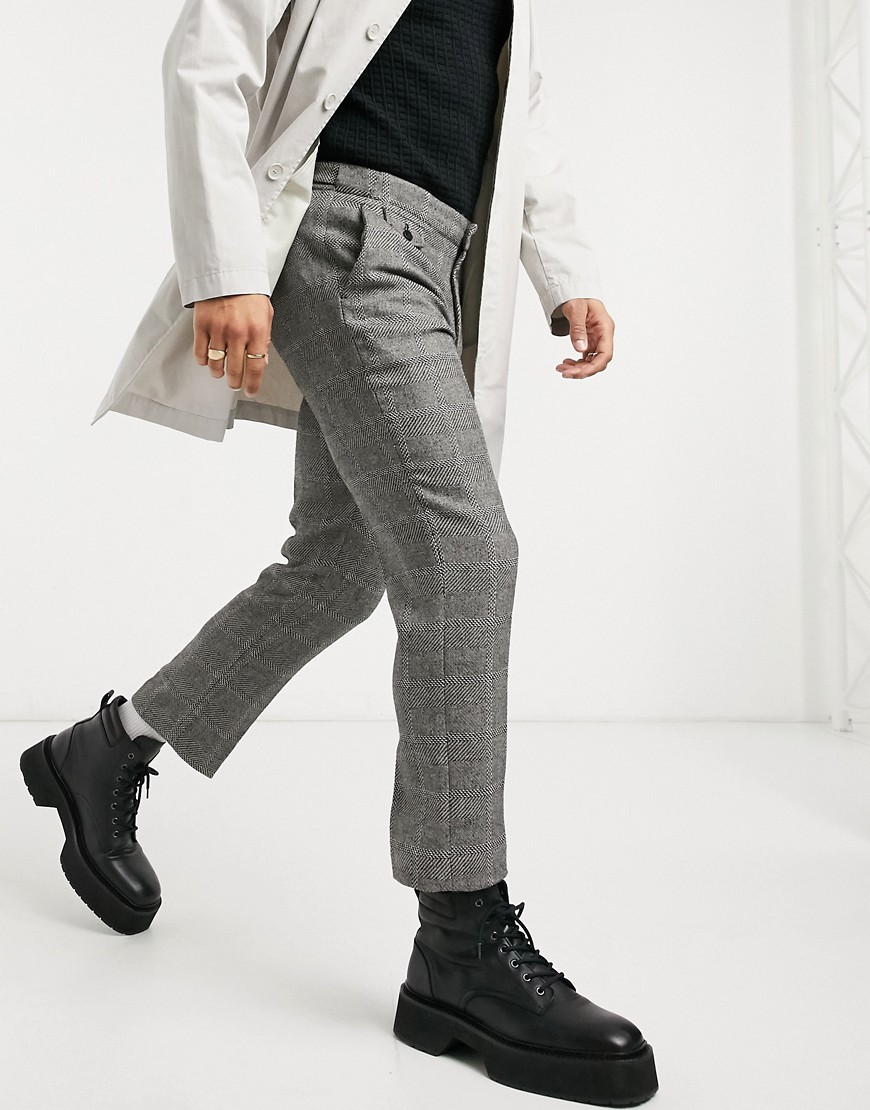 ASOS DESIGN - Skinny, elegante crop-bukser i uldblanding med oversized, sorte tern