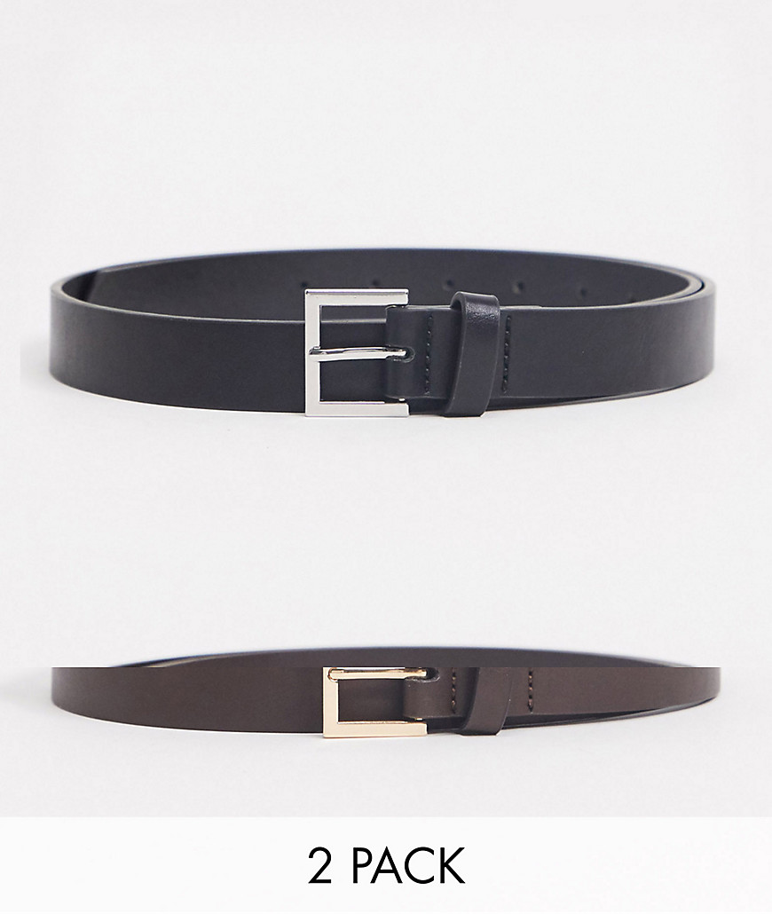 ASOS DESIGN skinny faux leather belt pack with silver and gold buckles in black and brown-Multi