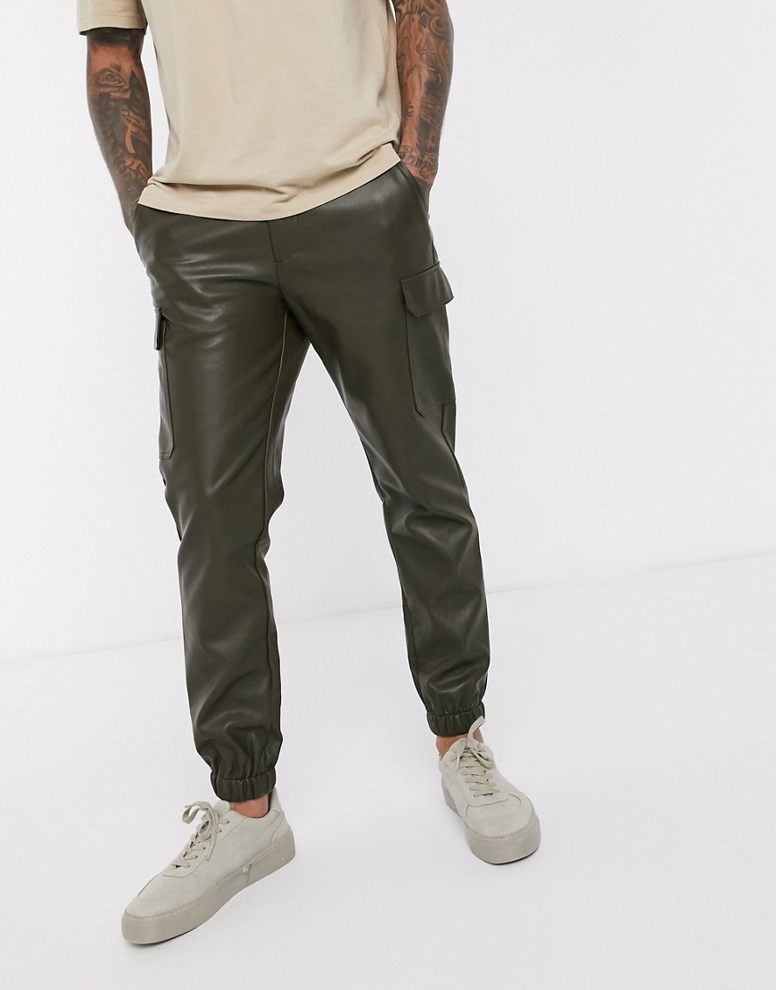 ASOS DESIGN skinny faux leather cargo cuffed trousers in green