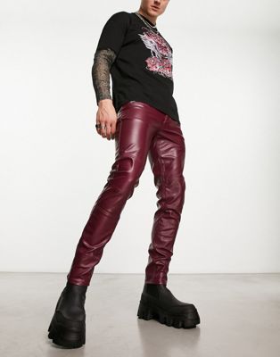 ASOS DESIGN skinny faux leather jeans with biker detail in burgundy
