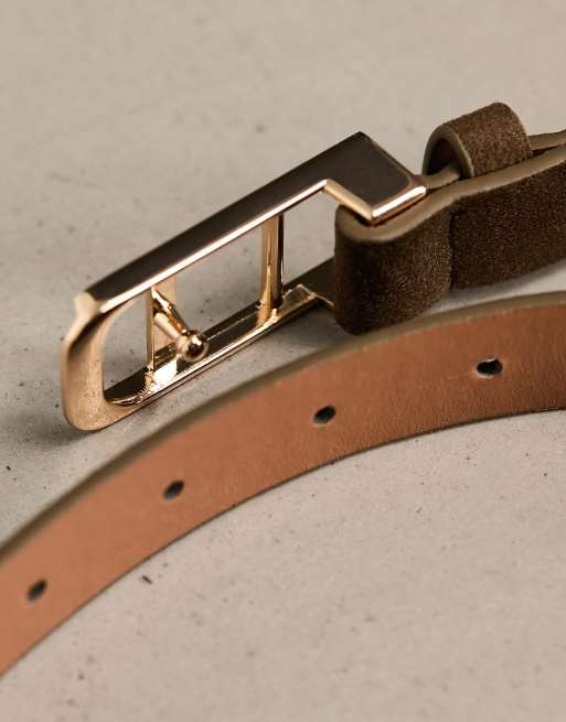 ASOS DESIGN smart leather belt in brown with antique gold buckle