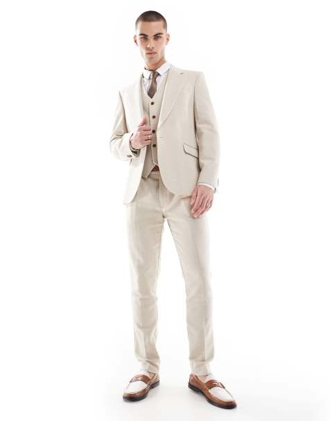 ASOS DESIGN – Skinny-Fit-Anzug aus Wollmix in Steinbeige mit Fischgrätmuster - view 1