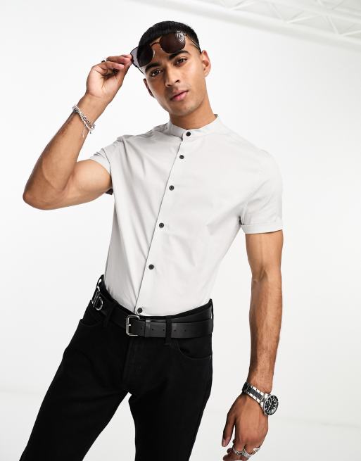 ASOS DESIGN skinny fit band collar shirt in pale gray