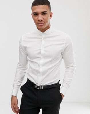 ASOS Design - Skinny-fit bruiloftsoverhemd van satinet met dubbele manchet en vleugelkraag-Wit