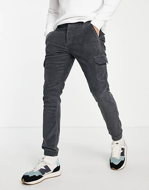 Men skinny fit cargo trousers in stretch cord in charcoal 