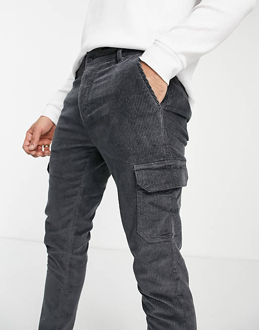 Men skinny fit cargo trousers in stretch cord in charcoal 