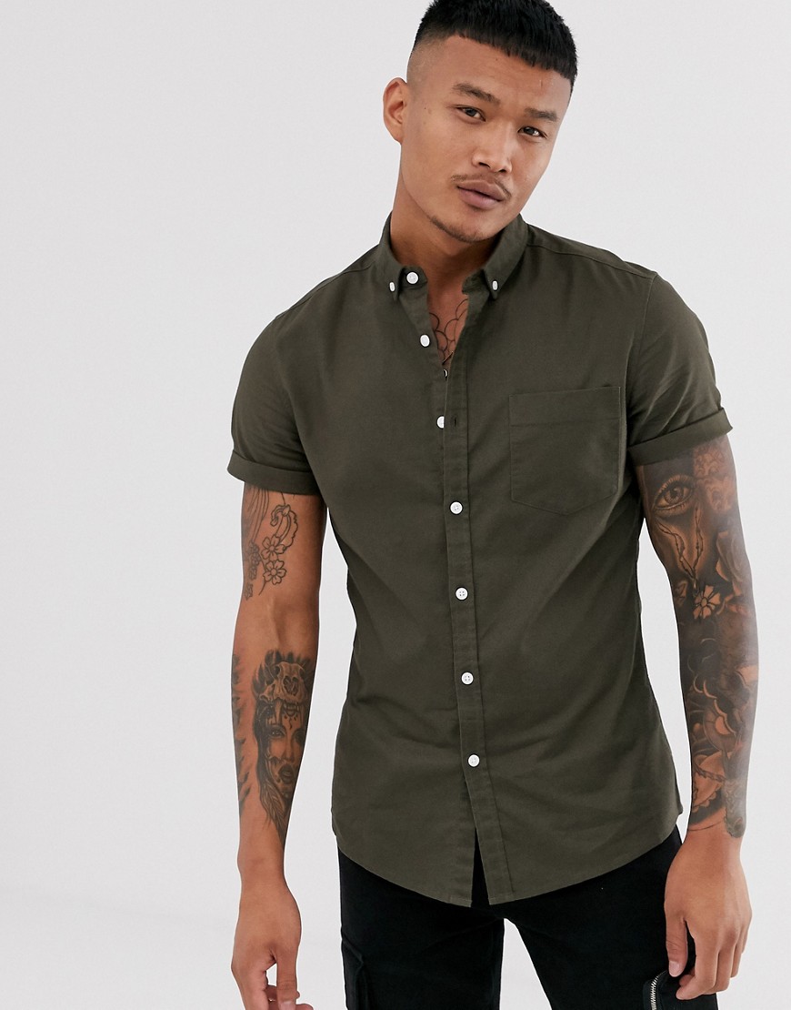 ASOS DESIGN - Skinny-fit casual Oxford overhemd in kaki-Groen