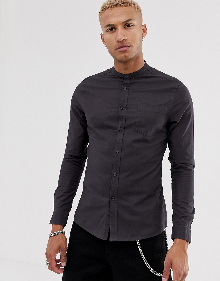 ASOS DESIGN - Skinny-fit casual oxford overhemd in zwart zonder kraag