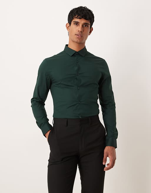 dark green dress shirt mens Non-Iron Cotton Solid With Contrast Trim Long sleeve Barry. Wang Hunter Green Formal