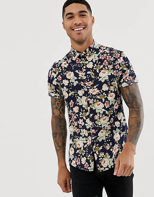 ASOS DESIGN skinny fit floral shirt in navy | ASOS