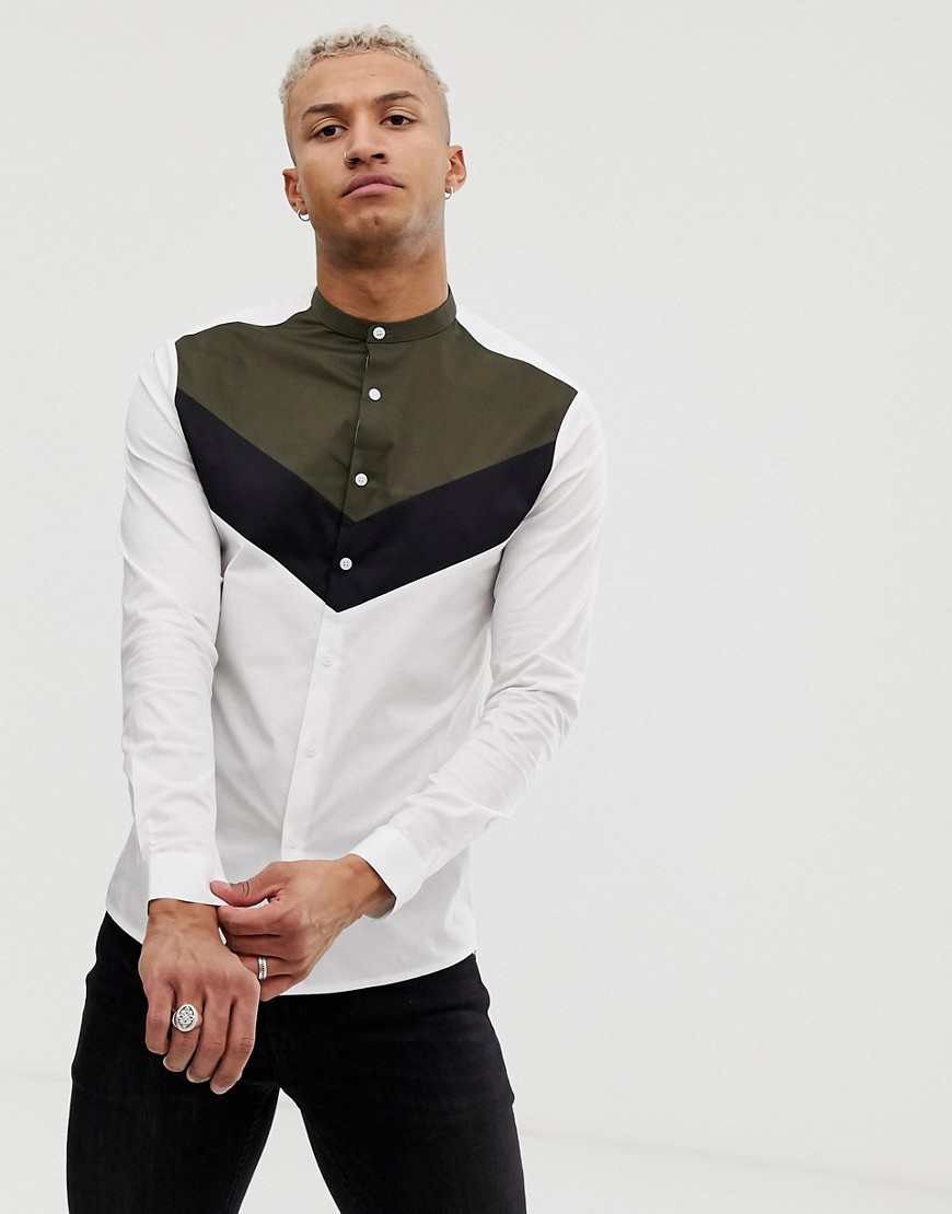 ASOS DESIGN skinny fit grandad collar shirt in cut & sew-Multi