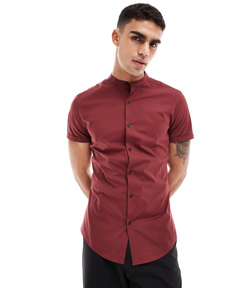 ASOS DESIGN skinny fit grandad collar shirt with roll sleeves in burgundy-Red