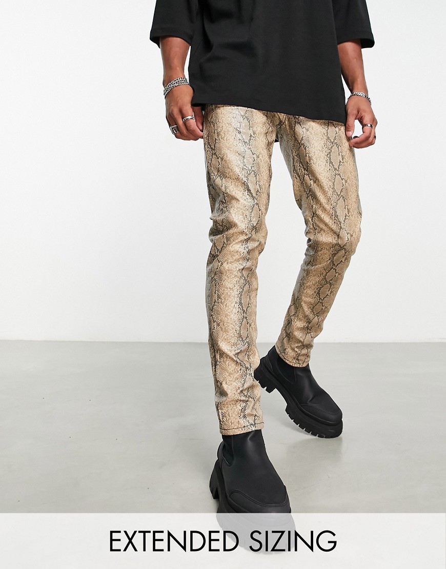 Shop Asos Design Skinny Fit Jean In Ecru Snake Print Leather Look-neutral