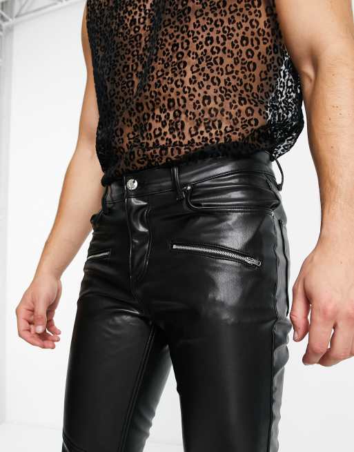 ASOS DESIGN skinny fit jeans in black leather look with panel and zip detail , 4 of 4