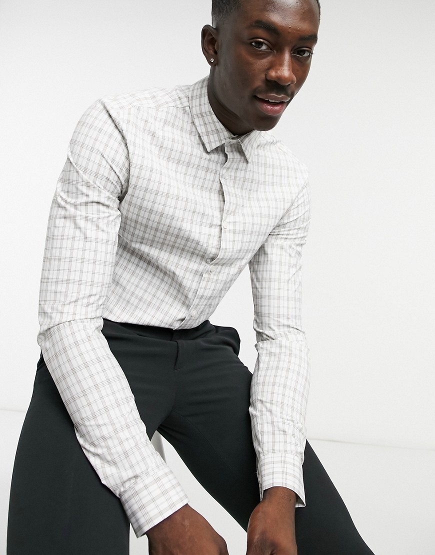 ASOS DESIGN skinny fit long sleeve shirt with ecru grid check print-Neutral