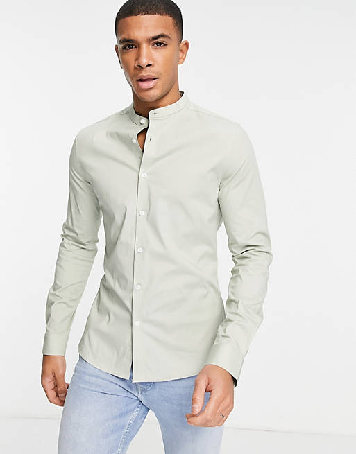  skinny fit long sleeve shirt with grandad collar in sage green 