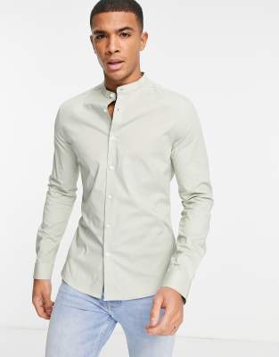 ASOS DESIGN skinny fit long sleeve shirt with grandad collar in sage green