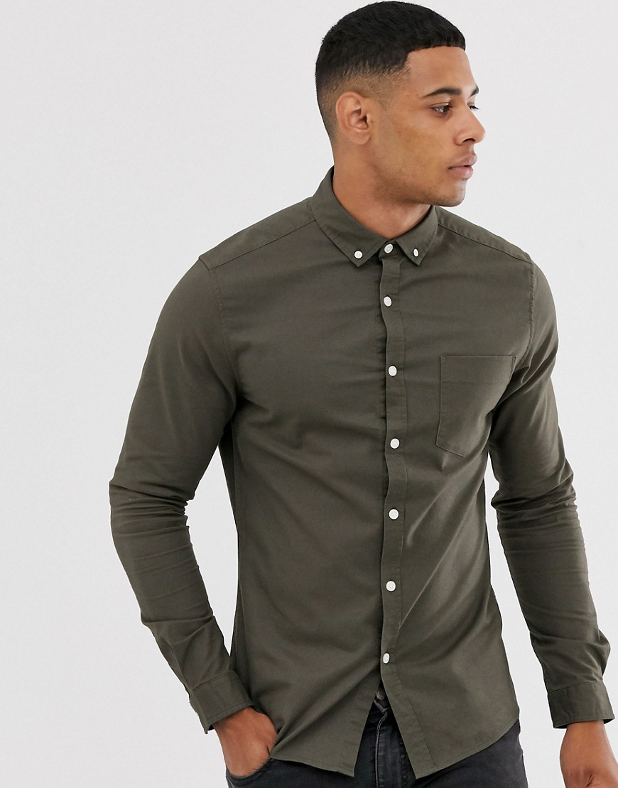 ASOS DESIGN skinny fit organic oxford shirt in khaki-Green