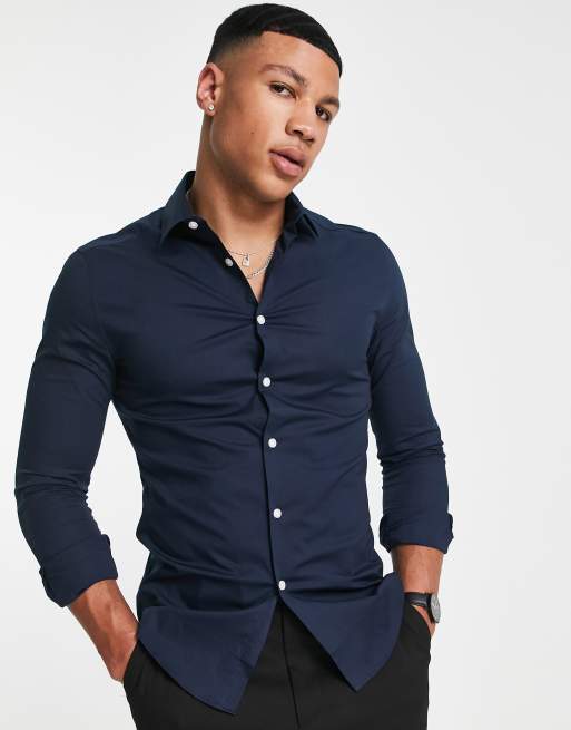 ASOS DESIGN - Skinny fit overhemd in marineblauw