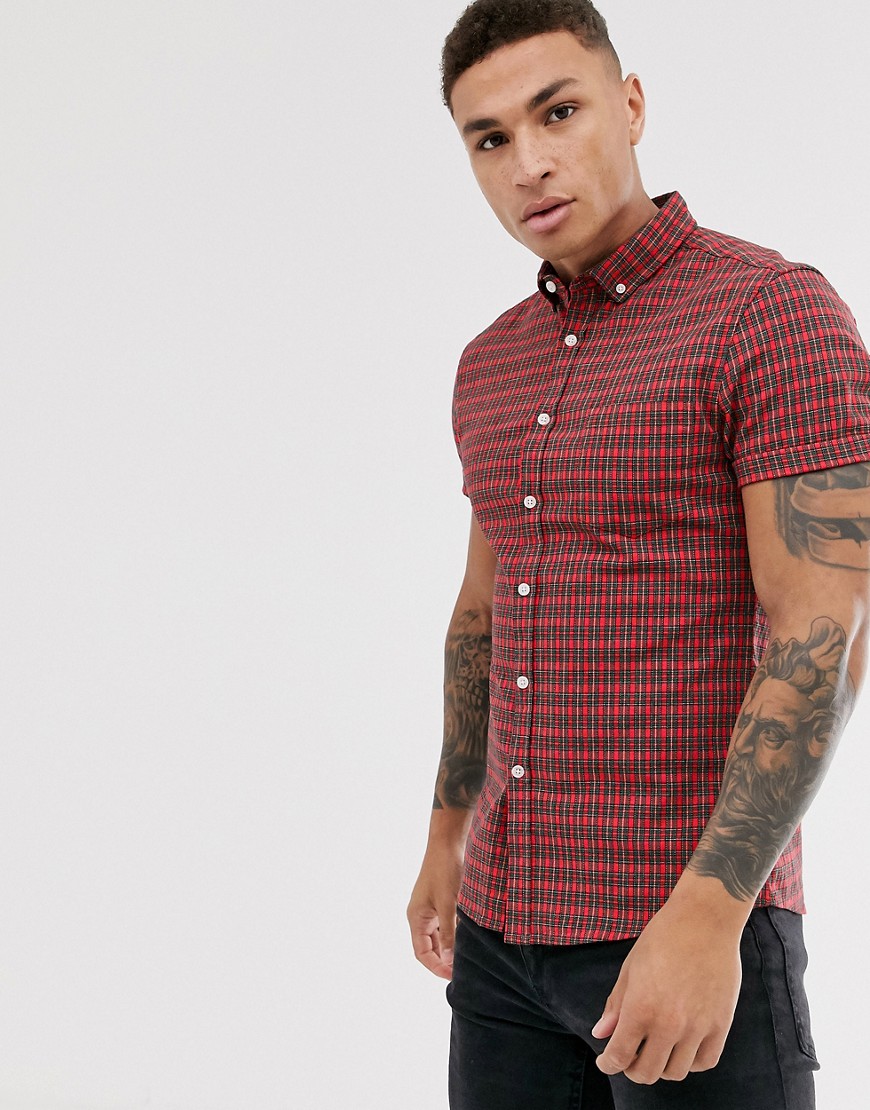ASOS DESIGN - Skinny-fit overhemd met kleine ruitjes in rood
