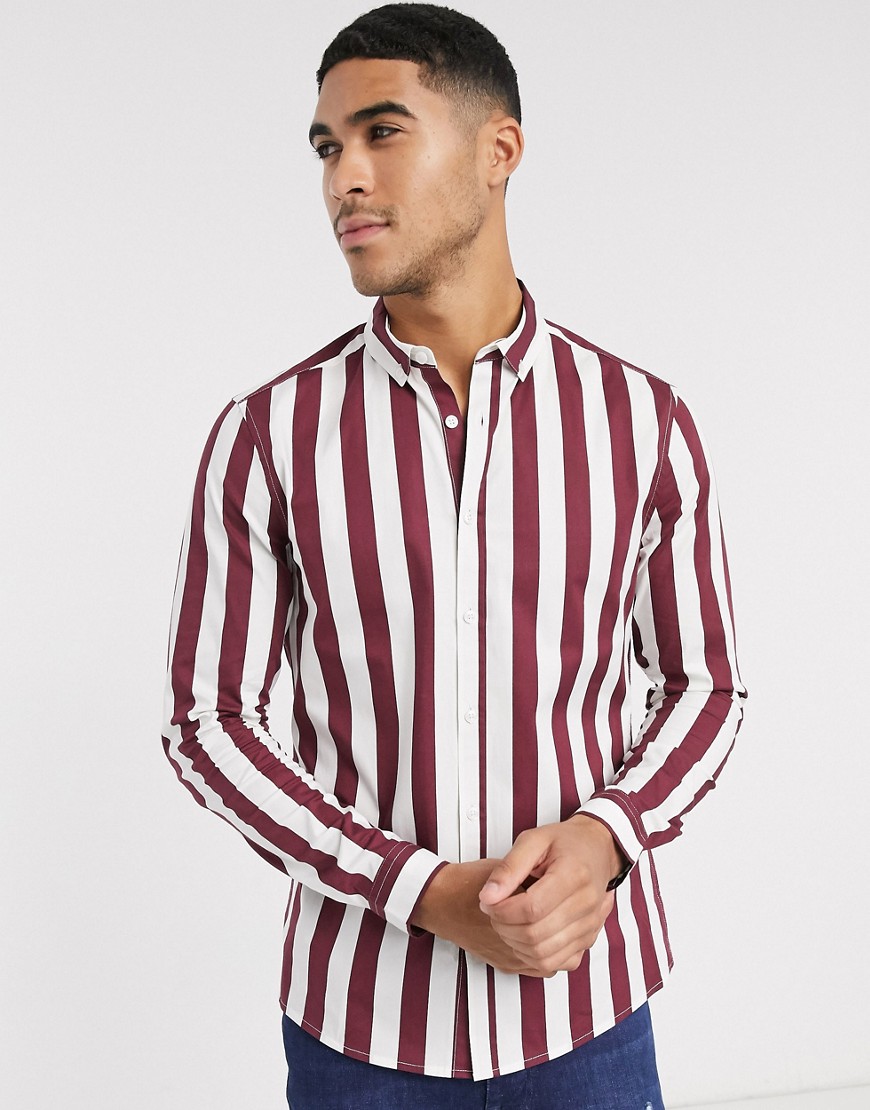ASOS DESIGN - Skinny-fit overhemd met strepen in bordeauxrood