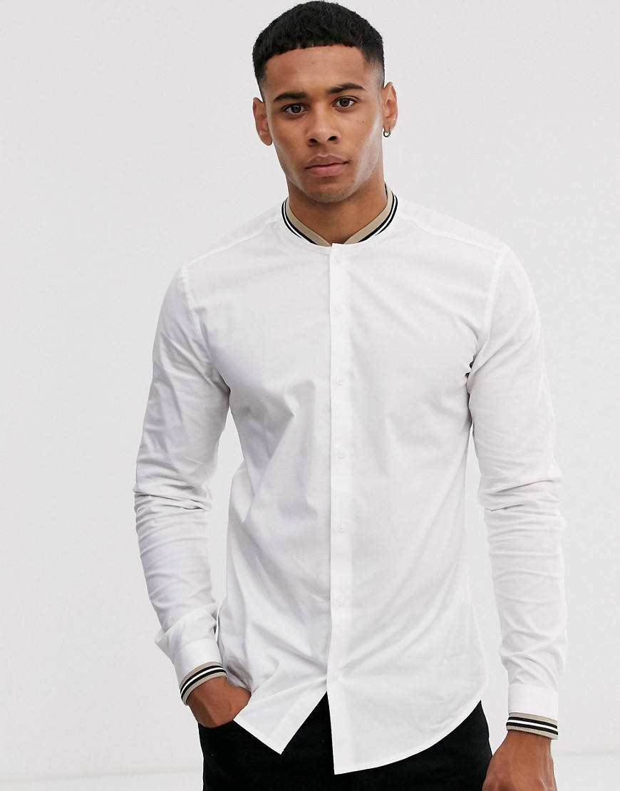 ASOS DESIGN - Skinny-fit overhemd met stretch en geribbelde boorden in wit