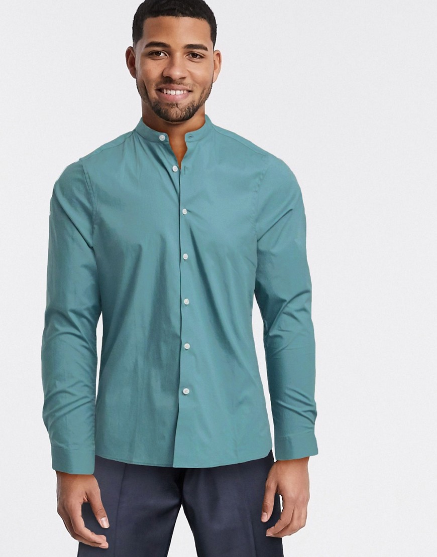 ASOS DESIGN - Skinny-fit overhemd met stretch in groen zonder kraag