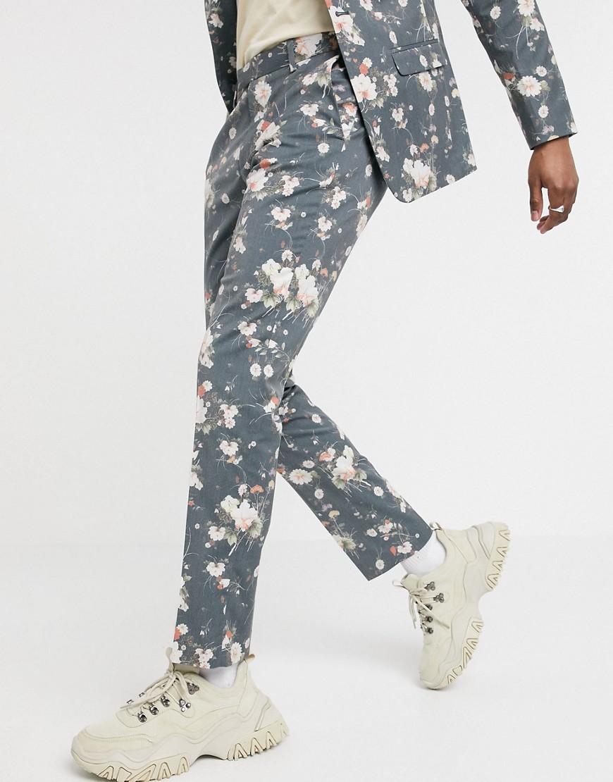 ASOS DESIGN - Skinny-fit pantalon met bloemenprint in marineblauw