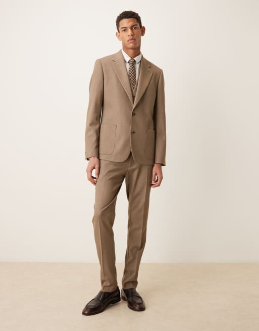ASOS DESIGN - Skinny-fit pak met wollook en visgraatmotief in beige, 4 van 4