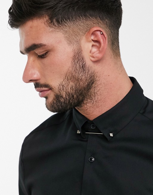 ASOS DESIGN Premium skinny fit sateen shirt with collar bar