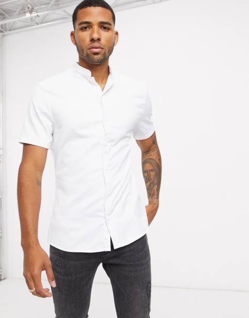 ASOS DESIGN skinny fit shirt with band collar in white