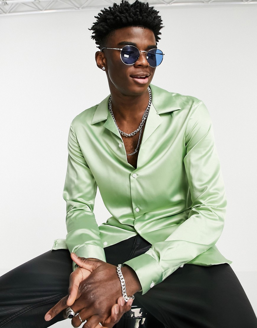 ASOS DESIGN skinny fit satin shirt with 70s collar in sage green
