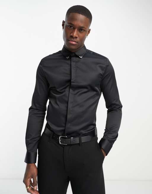 ASOS DESIGN skinny fit satin shirt with metal collar tips in black