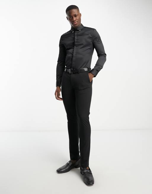 ASOS DESIGN skinny fit satin shirt with metal collar tips in black