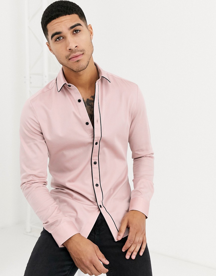 ASOS DESIGN - Skinny-fit satinet overhemd met gekleurd randje in oudroze