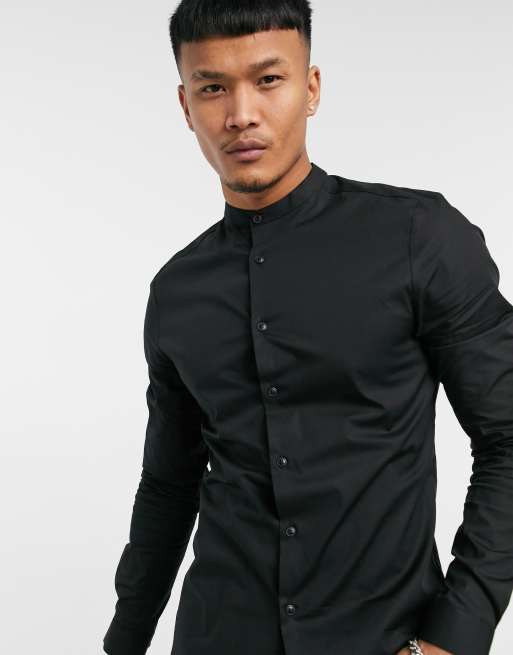 ASOS DESIGN skinny fit shirt in black with band collar