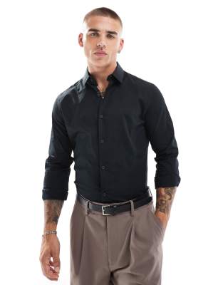 Asos Design Formal Easy Iron Slim Twill Double Cuff Shirt In Black