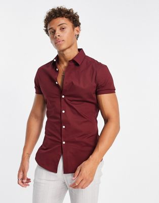 ASOS DESIGN skinny fit shirt in burgundy - ASOS Price Checker