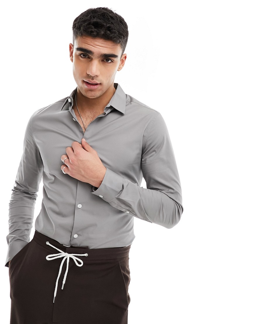 Asos Design Skinny Fit Shirt In Charcoal-gray