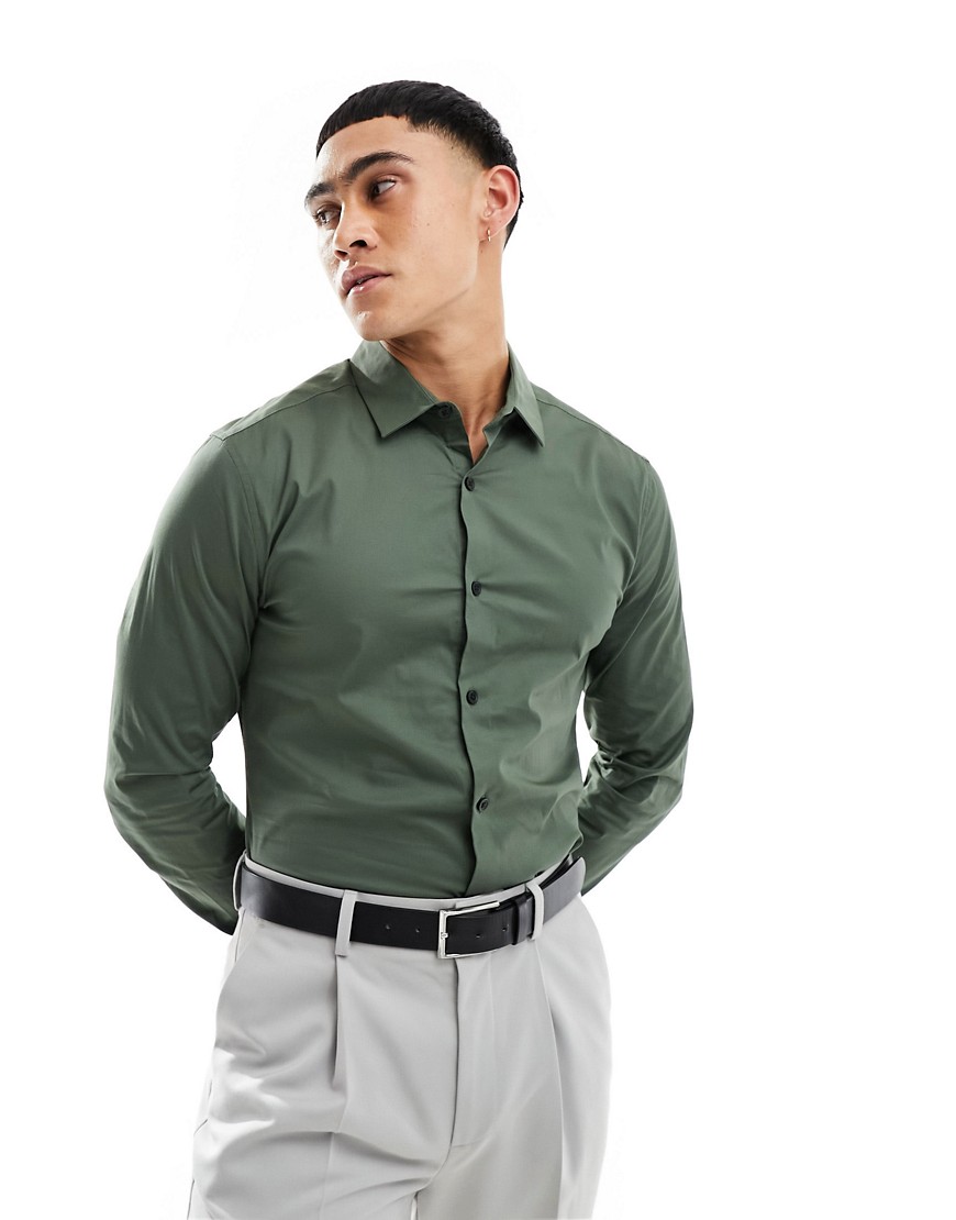 Asos Design Skinny Fit Shirt In Khaki Green