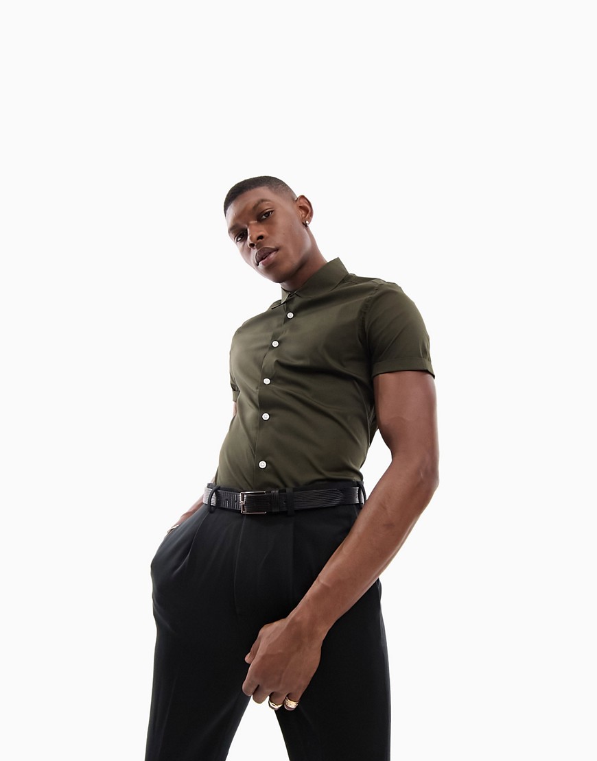 ASOS DESIGN skinny fit shirt in khaki-Green