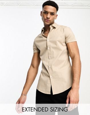 Asos Design Skinny Fit Shirt In Light Brown-neutral