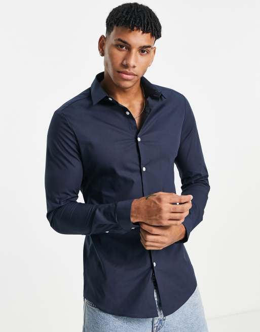 Asos Design Skinny Fit Shirt In Navy 