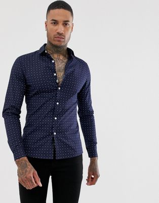 ASOS DESIGN skinny fit shirt with arrow ditsy print in navy | ASOS